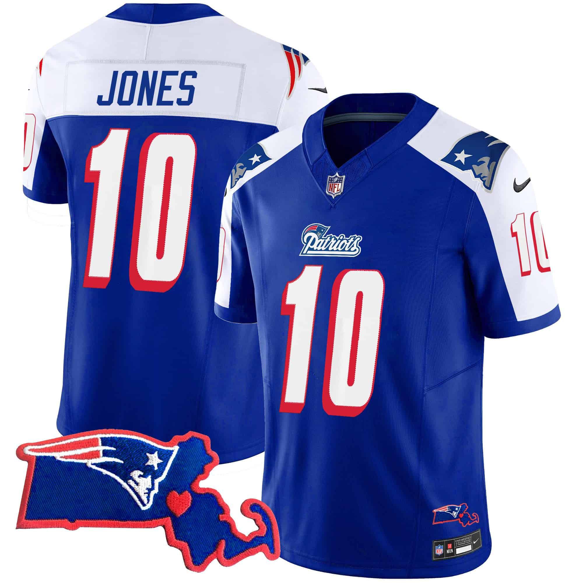 Men New England Patriots #10 Jones Blue 2024 Nike Patch Vapor Limited NFL Jersey